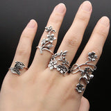 Coverwin 4pcs/set Antique Silver Color Vintage Bohemia Ring Set Rose Flower Rings for Women Charm Bohemia Floral Knuckle Ring