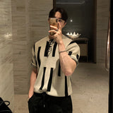 Coverwin Summer Men's Clothing Luxury O Neck Knitted T Shirt Retro Geometric Short-sleeved Korean Popular Knitwear Leisure Basic Shirt