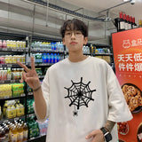 Coverwin Harajuku Men Oversized Tee Shirts Spider Web Printed Summer Short Sleeve All-match T-Shirts Men's Korean Loose Cotton Tops 5XL-S