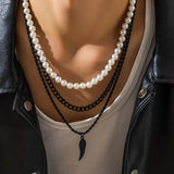 Coverwin  Hip Hop Black Chain Pendant Choker Imitation Pearl Necklace for Men Punk Jewelry Rapper Collar On The Neck Street Club