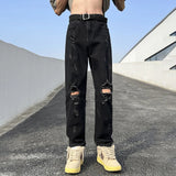 Coverwin 2024 Summer Black Ripped Jeans Mens Scratched Mid Rise Punk Fashion Straight Leg Jeans Retro Streetwear Men Clothing