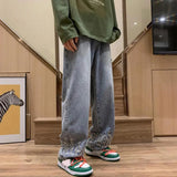 Coverwin Flame Embroidery Men's Jeans Flame Pattern Big Pockets Long Pants Straight Wide Leg Baggy Hip Hop Distressing Denim Trousers