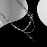 Coverwin Trend Cross Necklace for Men Women Kpop Double Layer Splicing Bead Stainless Steel Chain Pendant Trend Neck Jewelry Choker