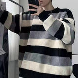 Coverwin Fall Winter Men Sweater Striped Colorblock Knitted Thick Loose Warm O Neck Long Sleeve Soft Pullover Elastic Sweater Knitwear