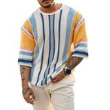 Coverwin Men Sweater Striped Print Round Neck Knitted Half Sleeve Color Matching Loose Pullover Elastic Anti-shrink Summer Fall Spring