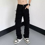 Coverwin Mens Jeans Retro Straight Casual Solid Color Spring Autumn Broken Raw Edge High Street Male Slim Trousers American Style Fashion