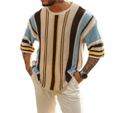 Coverwin Men Sweater Striped Print Round Neck Knitted Half Sleeve Color Matching Loose Pullover Elastic Anti-shrink Summer Fall Spring