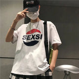 Coverwin 2024 Summer Korean Harajuku Print Graphic T-Shirt Fashion Men's Retro Letters Loose Student Round Neck Half Sleeve T-Shirt