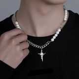 Coverwin Hip Hop Imitation Pearl Cross Necklace For Men Women Trend Titanium Steel Collar Chain Kpop Pendant Jewelry Unisex Accessories