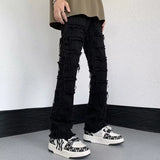 Coverwin Mens Jeans Retro Straight Casual Solid Color Spring Autumn Broken Raw Edge High Street Male Slim Trousers American Style Fashion