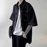 Coverwin Summer Short Sleeved Shirt Men Fashion Retro Black White Shirt Men Streetwear Korean Loose Casual Shirt Mens Vintage Shirts