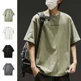 Coverwin Men Summer T-shirt Round Neck Loose Letter Print Oversized Streetwear Casual Hip Hop Mid Length Half Sleeves Male Top Clothes