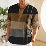 Coverwin Men Business Shirt V-Neck Buttons Neckline Long Sleeve Pullover Tops Patchwork Color Geometric Figure Cardigan Casual Shirt Tops