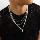 Coverwin  Hip Hop Imitation Pearl Necklace Handmade Strand Beads OT Clasp Charm Men Choker Trendy Jewelry Collar Party Nightclub