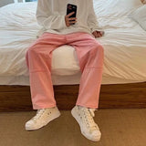 Coverwin Cargo Pink Jeans Men Fashion Harajuku Casual Baggy Straight Jeans Men Streetwear Loose Hip Hop Denim Pants Mens Trousers S-3XL