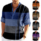 Coverwin Men Business Shirt V-Neck Buttons Neckline Long Sleeve Pullover Tops Patchwork Color Geometric Figure Cardigan Casual Shirt Tops