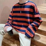 Coverwin Men's Striped Sweatshirt Crew Neck Long Sleeve Loose Fit Fashion Top Korean Style Contrast Striped Crewneck Top Men Accessories