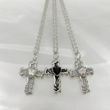 Coverwin New Gothic Heart Zircon Cross Necklace Black Crystal Punk Y2K Heart Cross Chain Pendant Necklace for Woman Daily Wear