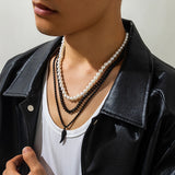 Coverwin  Hip Hop Black Chain Pendant Choker Imitation Pearl Necklace for Men Punk Jewelry Rapper Collar On The Neck Street Club