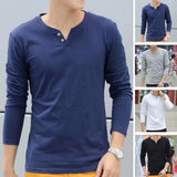 Coverwin Fall Spring Men Top V Neck Long Sleeve Slim Fit Soft Pullover Mid Length Button Decor Simple Style Thin Elastic Men T-shirt