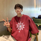 Coverwin Harajuku Men Oversized Tee Shirts Spider Web Printed Summer Short Sleeve All-match T-Shirts Men's Korean Loose Cotton Tops 5XL-S