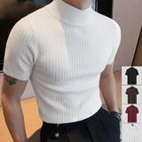 Coverwin High Collar Short Sleeve Men T-shirt Wave Texture Elastic Thin Summer Casual Solid Color Bottoming Knitting Tops Soft Streetwear