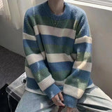 Coverwin Fall Winter Men Sweater Striped Colorblock Knitted Thick Loose Warm O Neck Long Sleeve Soft Pullover Elastic Sweater Knitwear