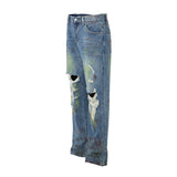 Coverwin Green Painted Hole Washed Blue Baggy Jeans Mens Streetwear Distressed Casual Loose Denim Trousers Ropa Hombre Frayed Cargo Pants