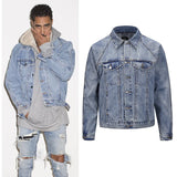 Coverwin High Street Distressed Pockets Washed Blue Kanye Jeans Jackets Retro Oversized Lapel Autumn and Winter Windbreaker Denim Coat