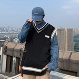 Coverwin Knit Sweater Male Striped Vest Men's Clothing Sleeveless Icon Cute Blue Waistcoat 2024 Trend Baggy Best Selling Products Casual