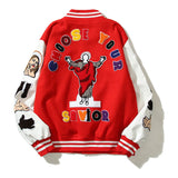 Coverwin High Street Color Block Graffiti Embroidery Baseball Jacket Mens Leather Sleeve Woolen Patchwork Stand Oversized Winter Coats