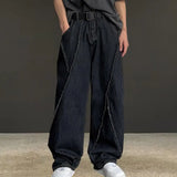 Coverwin Men Pants Wide Leg Loose Deep Crotch Unisex Straight Button Zipper Closure Hip Hop Streetwear Pockets Full Length Long Trousers