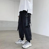 Coverwin Men Cargo Pants Ribbon Multi Pockets Elastic Waist Loose Streetwear Drawstring Baggy Trousers Harajuku Denim Jeans For Outdoor