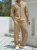 Coverwin Summer Men's Set Half Sleeved Shirt and Long Pants Two-piece Turn-down V-neck Casual Streetwear Holiday Loose Suit Hot Sales