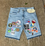 Coverwin 2000s Bottega Desires Pieces Skateboard Denim Shorts Letter Cartoon Patchwork Loose Jeans Wide Leg Pants Harajuku Rock Pants Men