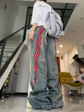 Coverwin Harajuku hip-hop red striped splicing design oversized high-waisted jeans women y2k street aesthetic popular straight baggy pant