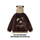 Coverwin-Extra Large American Retro Lazy Wind Cute Bear Loose Plus Velvet Padded Hooded Cardigan Lamb Wool Thick Coat Female Winter