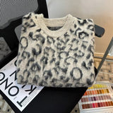 Coverwin Outfit Trendy American Street Ins Rice Leopard Print Jacquard Round Neck Sweater Men's Autumn Winter Retro Y2K Niche Lazy Style Sweater