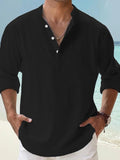 Coverwin Men's Linen Shirt Popover Shirt Casual Shirt Beach Shirt Black White Pink Long Sleeve Plain Henley Spring & Summer Hawaiian Holiday Clothing Apparel