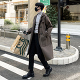 Coverwin Men Winter Outfit Korean-style Woolen Trench Men Horn Button Casual Long Windbreaker Winter Hooded Jacket Coats Fashion Trenchcoat