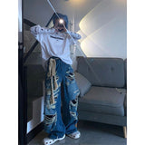 Coverwin Blue hole design high street popular high waisted jeans men y2k baggy hip hop fashion trend straight wide leg pants 2023 vintage