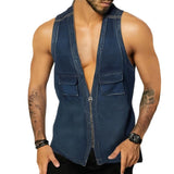 Coverwin Vintage Patchwork Jean Tank Tops Men Slim Fit Sleeveless Denim V-neck zipper Shirts Summer Fashion Sexy Vest Male Streetwear