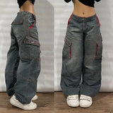 Coverwin Streetwear New Fashion Multi-pocket Black Washed Baggy Jeans Female Y2K Gothic Casual Harajuku Popular High Waist Wide Leg Pants