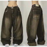 Coverwin Y2K New Retro Washed Jeans American Street Hip Hop Fashion Loose Jeans Men's and Women's Punk Casual High Waist Wide Leg Pants