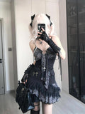 Coverwin-Goth Summer Sexy Dress Women Clothes Punk Streetwear Lace Sling Black Dark Slim short Dresses Hot Girl High Waist Y2k Mini Dress