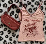 Coverwin-Pink Summer 2000s Aesthetic Sweet Vintage emo Harajuku slim sleeveless Crop top Baby Tee Tank Top Girl Skull Y2k Grunge Camis