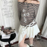 Coverwin-Y2K T Shirt Women Clothes Korea Streetwear Loose Stripe Letter Long Sleeves kpop Harajuku Tops Tshirts Emo Girl Gothic Tee kpop