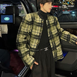 Coverwin Men Winter Outfit Men's Tweed Plaid Blazers Cardigan Autumn Winter Trend Collarless Short Jacket Fashion Green Korean Style Chic Elgance Coat