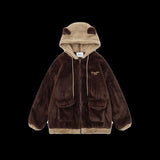 Coverwin-Extra Large American Retro Lazy Wind Cute Bear Loose Plus Velvet Padded Hooded Cardigan Lamb Wool Thick Coat Female Winter