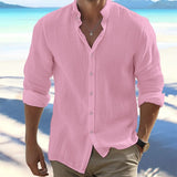 Coverwin Men's Shirt Linen Shirt Button Up Shirt Summer Shirt Beach Shirt Black White Pink Long Sleeve Plain Band Collar Spring & Summer Casual Daily Clothing Apparel